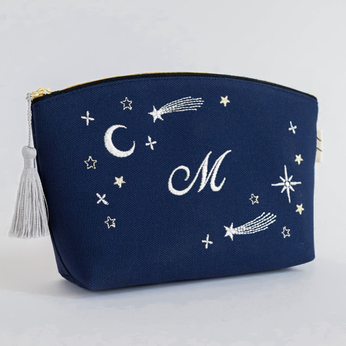 選べるイニシャル》星空の刺繍ポーチ マチあり コスメ 両面刺繍 七夕