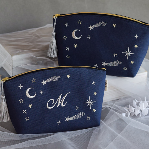 選べるイニシャル》星空の刺繍ポーチ マチあり コスメ 両面刺繍 七夕