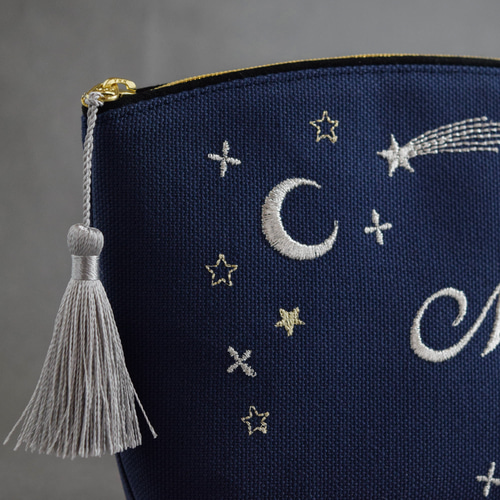 選べるイニシャル》星空の刺繍ポーチ マチあり コスメ 両面刺繍 七夕