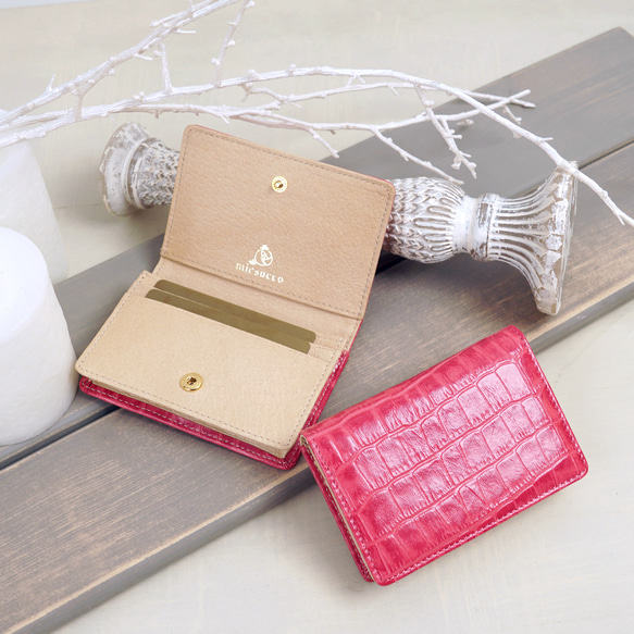 刻印可】名刺入れとしても使える クロコ調のカードケース ピンク  