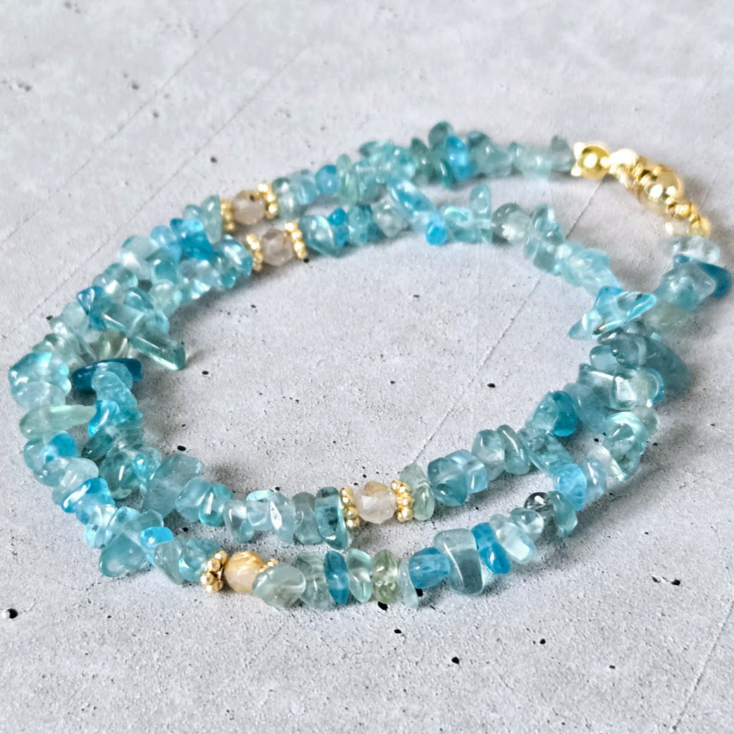 【再販】夏の天然石ブレスレット・2連・アパタイト／ゴールデンルチルクオーツ