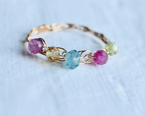 アパタイト3.5mm、 トルマリン、シトリン、編み込み /k14gfリング 指輪