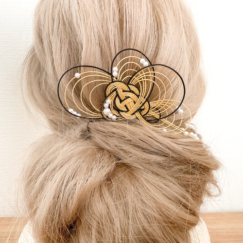 水引髪飾り かんざし 金黒 着物の髪飾り 和装髪飾り 訪問着や留袖にも