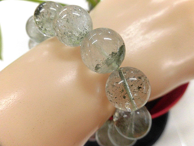 天然石 グリーンファントム14.4mm～14.9mm玉ブレスレット 内周18.3cm  　　240101493