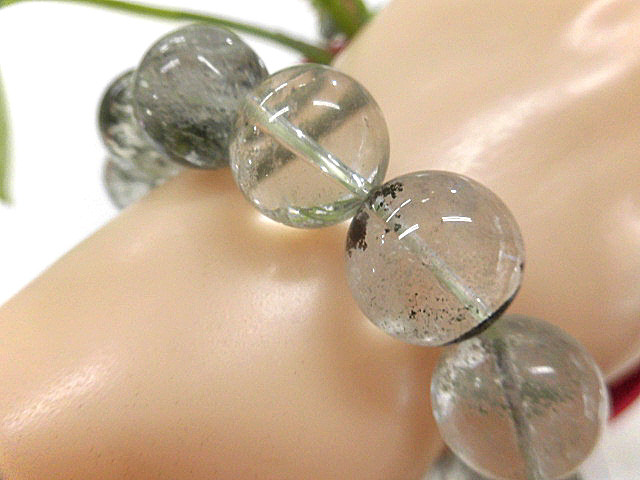 天然石 グリーンファントム14.4mm～14.9mm玉ブレスレット 内周18.3cm  　　240101493