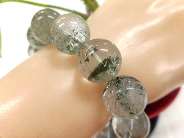 天然石 グリーンファントム14.4mm～14.9mm玉ブレスレット 内周18.3cm  　　240101493