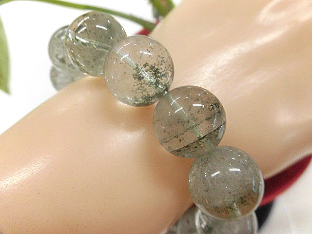 天然石 グリーンファントム14.4mm～14.9mm玉ブレスレット 内周18.3cm  　　240101493