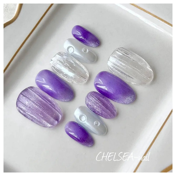 バカラ×マグネットフレンチネイル(パープル) ネイルチップ（つけ爪