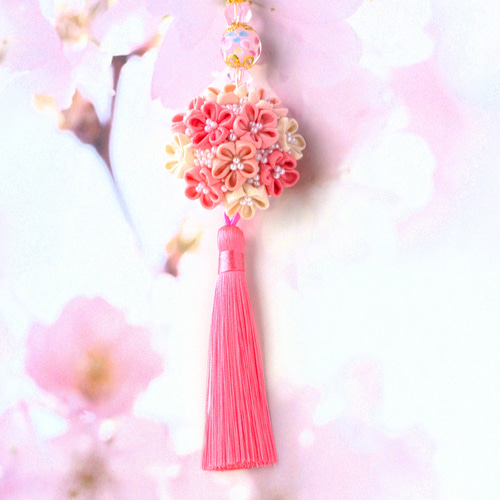 ❁つまみ細工正絹着物桜パステル＆とんぼ玉根付けストラップ❁帯