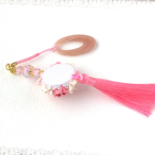 ❁つまみ細工正絹着物桜パステル＆とんぼ玉根付けストラップ❁帯