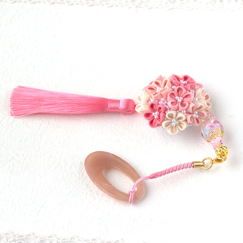 ❁つまみ細工正絹着物桜パステル＆とんぼ玉根付けストラップ❁帯