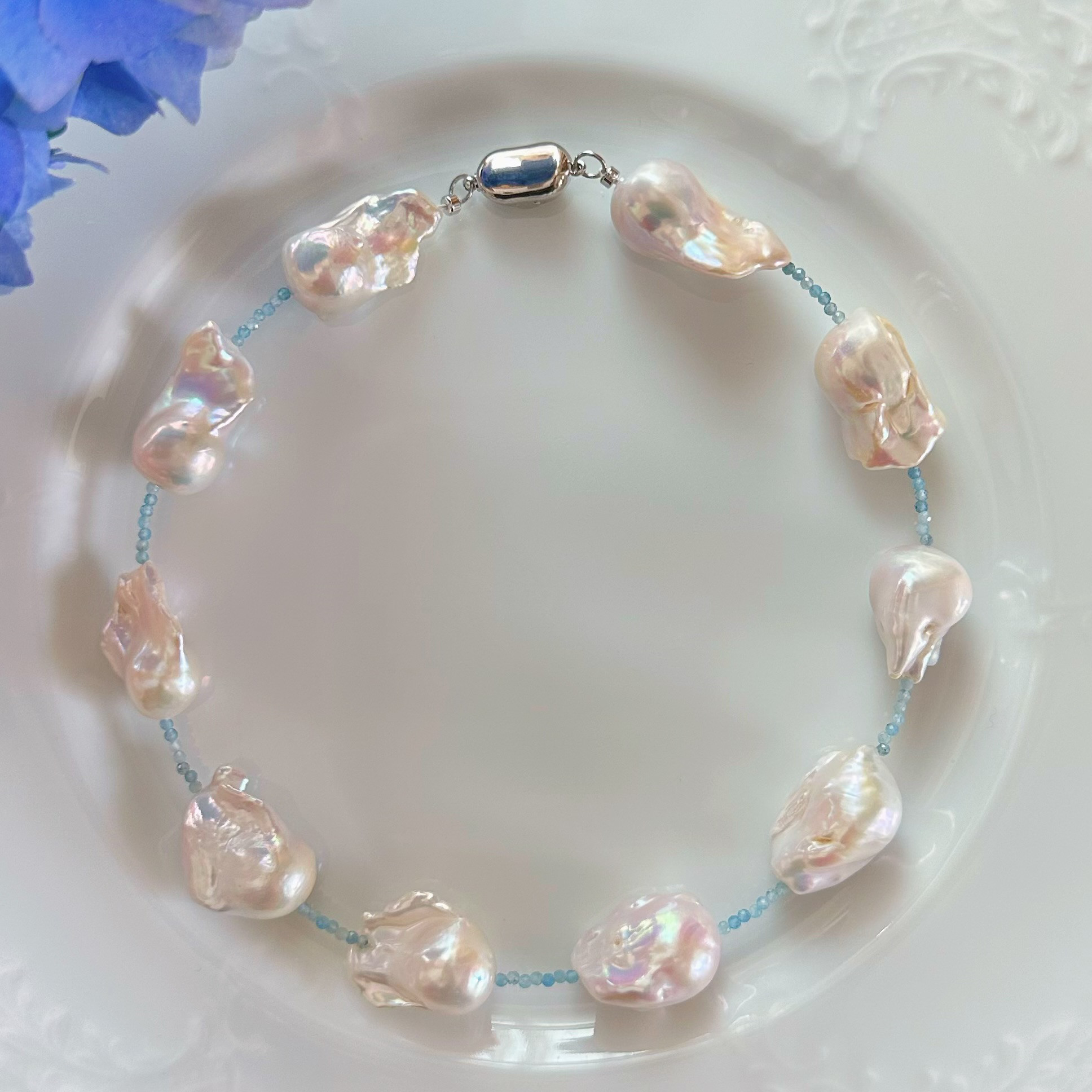 アクアマリン　バロックパール　ステーション　ネックレス