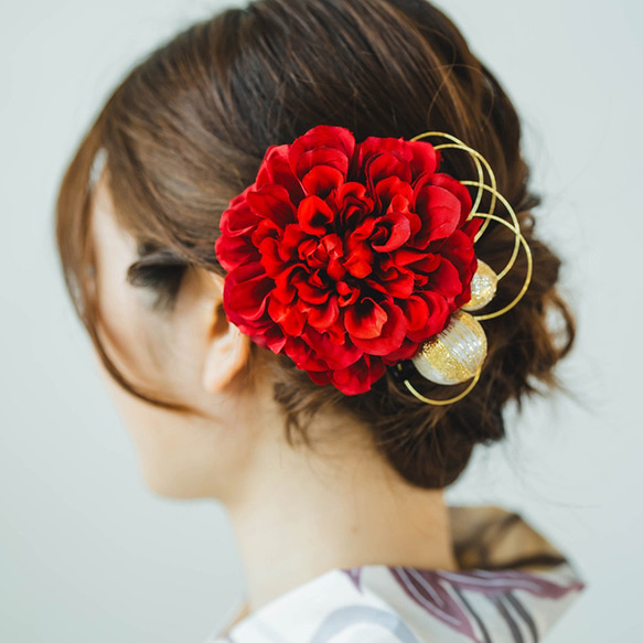 浴衣の髪飾り/クリップ式 コサージュ ダリア 水引 和玉/レッド [wa179