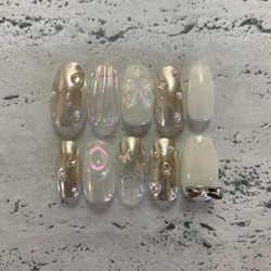 【オーダー】ネイルチップ　ネイピー　手書きリボン　ミラー　韓国ワンホン　キラキラ オーダー】ネイルチップ ネイピー 手書きリボン ミラー 韓国