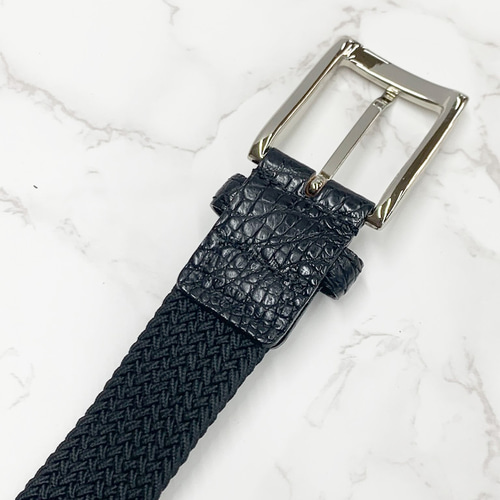 日本製 クロコダイル マット仕上げ ゴムメッシュ ベルト ワニ革 エラ