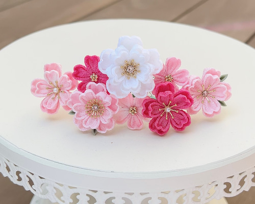 つまみ細工 桜ティアラ ローズピンク 白 *成人式 *結婚式 *花嫁