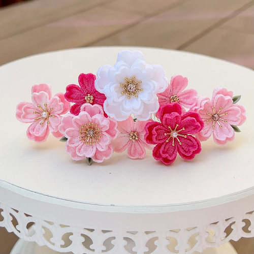 つまみ細工 桜ティアラ ローズピンク 白 *成人式 *結婚式 *花嫁