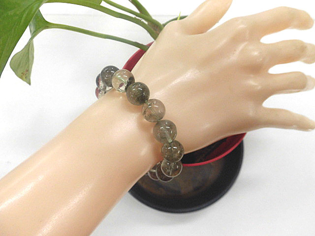 天然石 グリーンファントム11.4mm～11.9mm玉ブレスレット 内周18.3cm　　 240101501