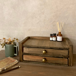 アクセサリー収納としても使える アンティーク風 小物入れ 木製2段