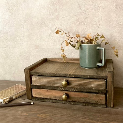 レトロな小物書類入れケース 引き出し アンティーク 収納ケース アクセサリー収納ボックス アンティーク風 レトロ 木製 2段 引き出し