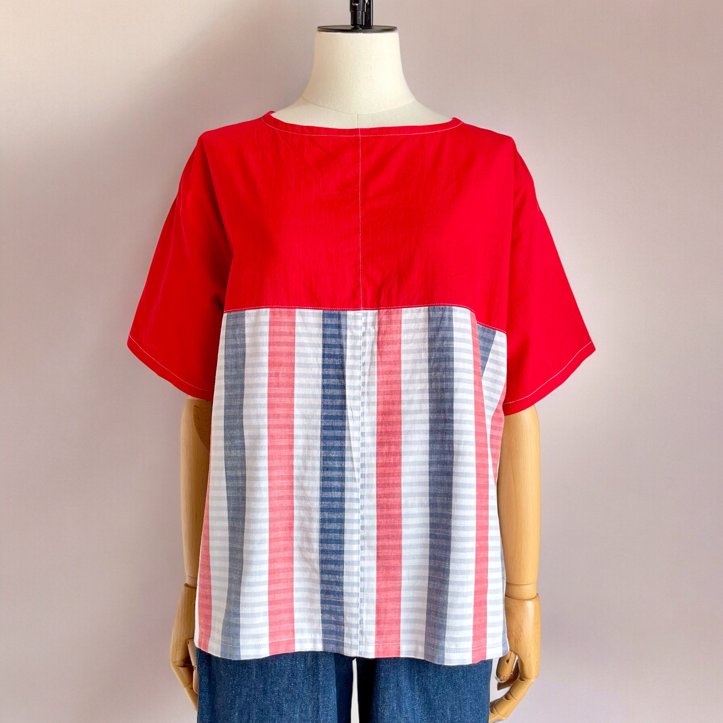 Tシャツ風ブラウス【送料込み】浴衣リメイク　レッド×ネイビー