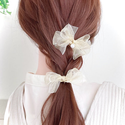 ダブルリボン ポニーフック 【ゴールド ベージュ】チュールリボン オーガンジーリボン ヘアリボン ヘッドアクセサリー 9枚目の画像