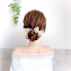 ダブルリボン ポニーフック 【ゴールド ベージュ】チュールリボン オーガンジーリボン ヘアリボン ヘッドアクセサリー 8枚目の画像