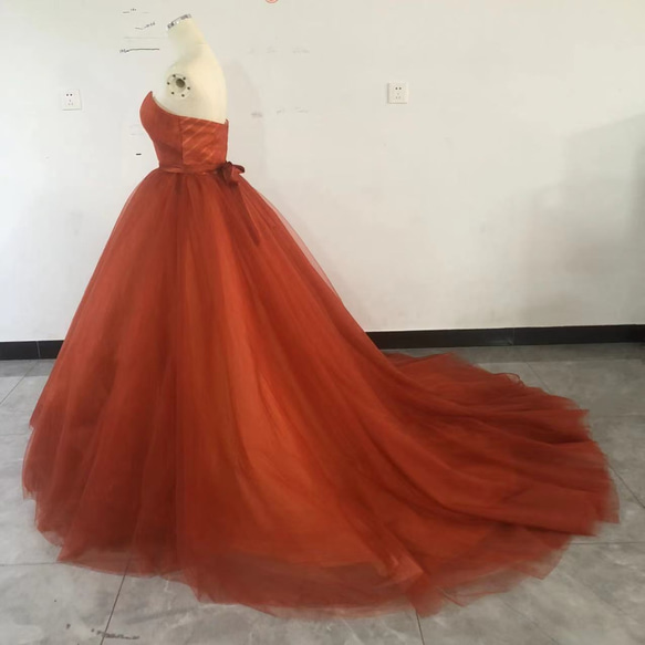 パーティードレス オレンジ ベアトップ ベルト チュールスカート ファスナー お色直し 花嫁 CM