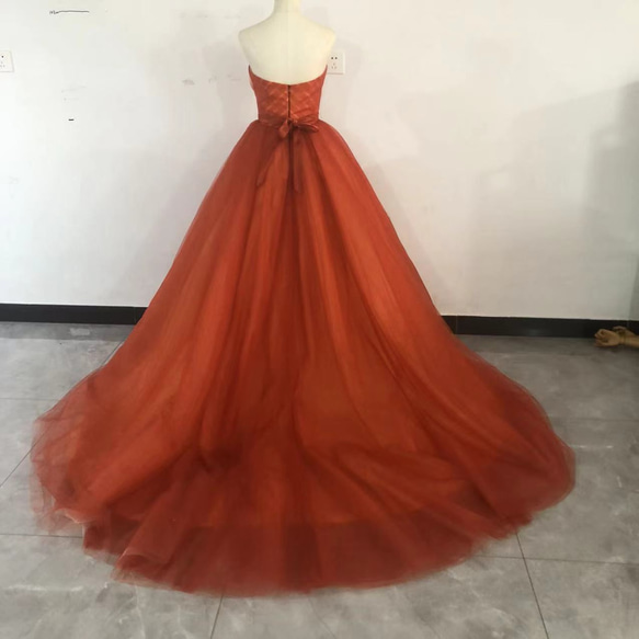 パーティードレス オレンジ ベアトップ ベルト チュールスカート ファスナー お色直し 花嫁 CM