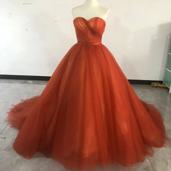 パーティードレス オレンジ ベアトップ ベルト チュールスカート ファスナー お色直し 花嫁 CM