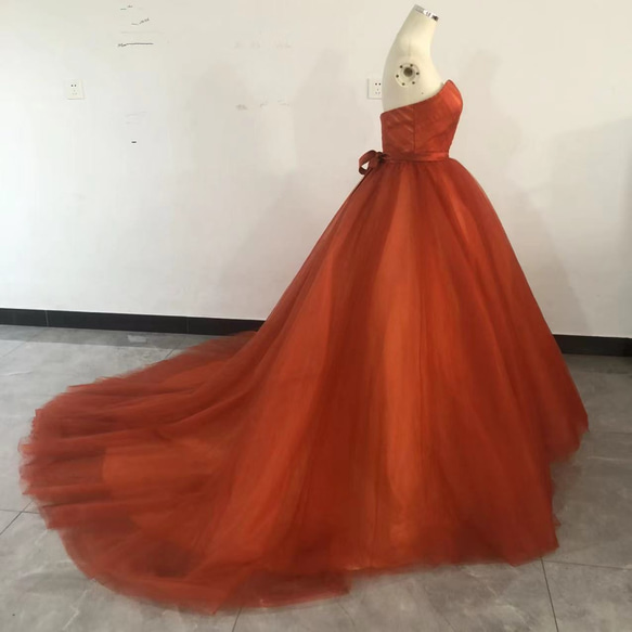 パーティードレス オレンジ ベアトップ ベルト チュールスカート ファスナー お色直し 花嫁 CM