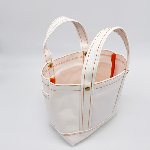 帆布トートバッグSS オフ白×オレンジ オレンジステッチ 小さめ