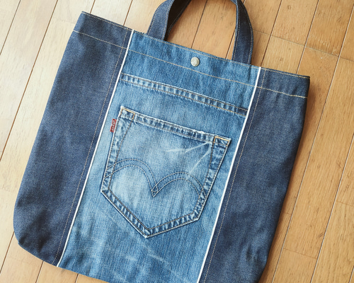 岡山デニム◆赤チェック◆ポケット沢山トートバッグ◆ハンドメイド◆ ㊳ トートバッグ ☆ 岡山デニム ヒッコリー セルビッチ 赤耳 リメイク