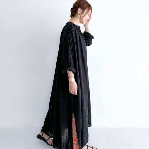 MI AND MOU シャツワンピース ブラックストライプ インド綿 ストライプドビーのロングシャツワンピース〔ブラック