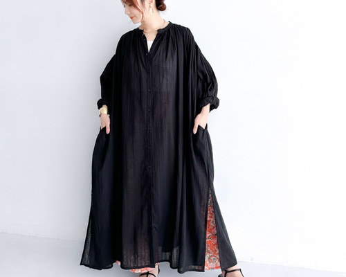 インド綿 ストライプドビーのロングシャツワンピース〔ブラック