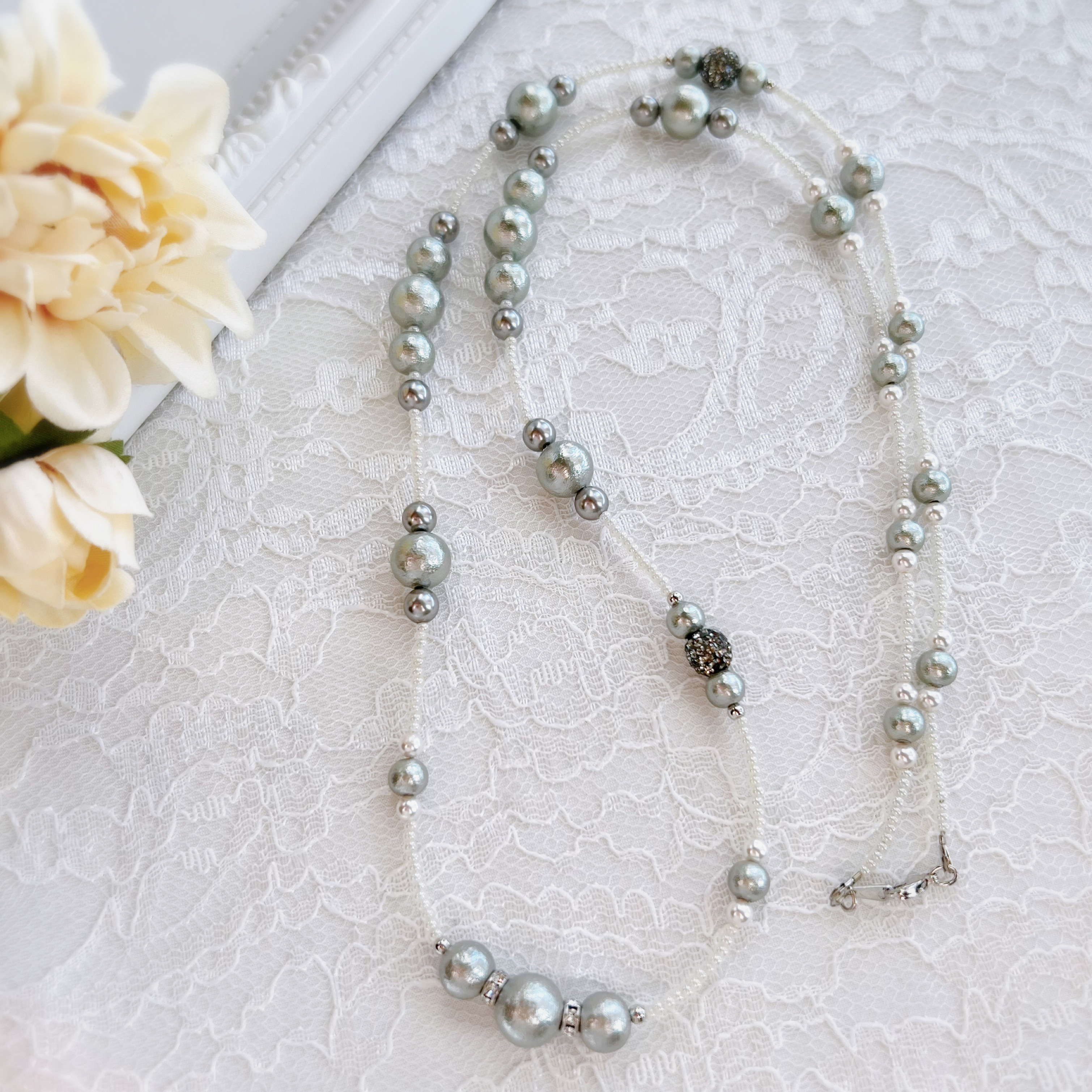 ジュエルボールとコットンパールのロングネックレス✨グルーデコ　ブラックダイヤ