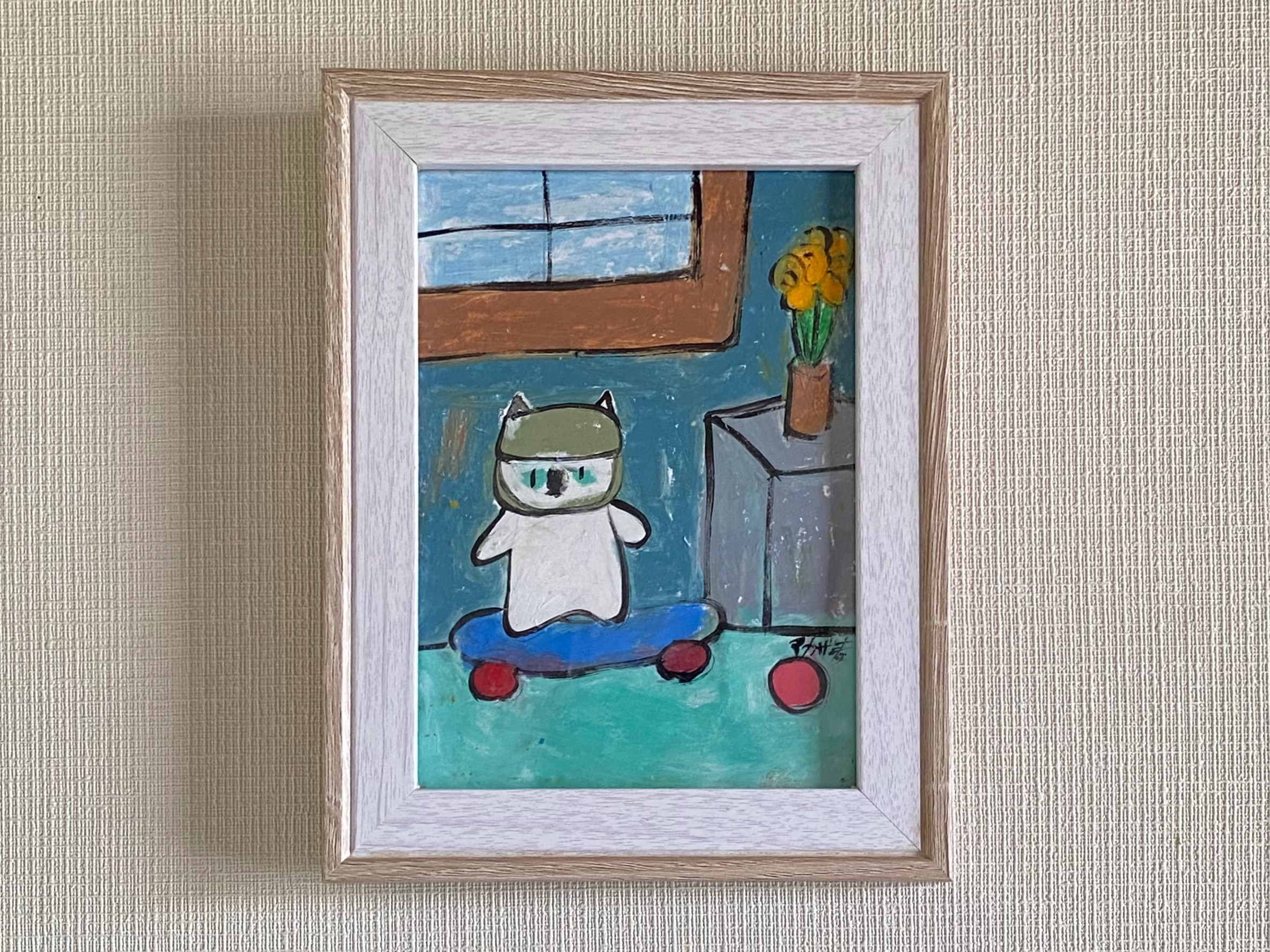 絵画。原画【音楽を聞いてミルクティーを飲むのが好きな猫ちゃん