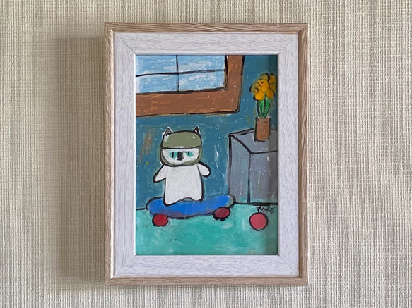 レビュー高評価の商品 絵画。原画【猫ちゃんは部屋でスケートボードを楽しんでいる 絵画+タペストリー