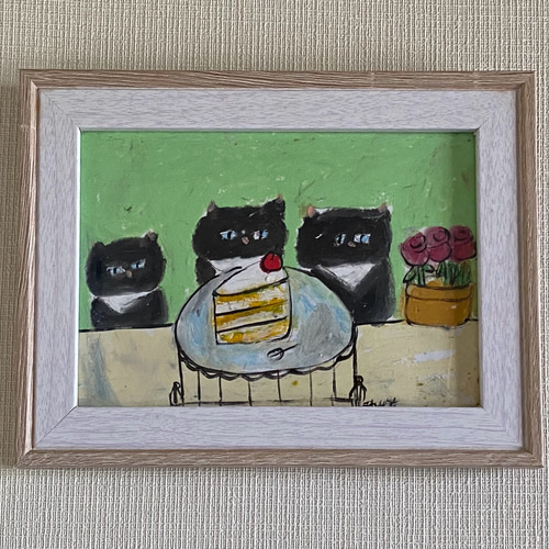 絵画。原画【3匹のかわいい黒猫がスカーフを結んで高級スイーツ