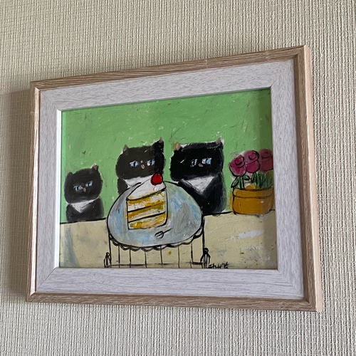 新作ウエア 絵画。原画【3匹のかわいい黒猫がスカーフを結んで高級スイーツ 絵画+タペストリー