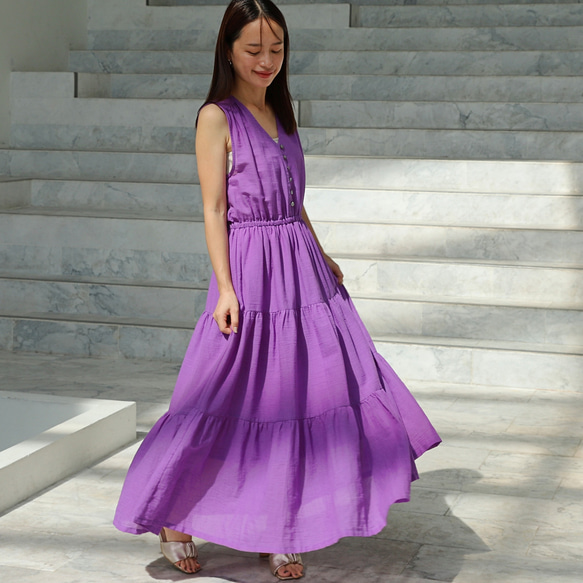 シェルボタン コットン ノースリーブ ティアードワンピース