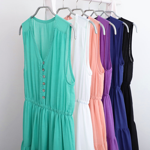 シェルボタン コットン ノースリーブ ティアードワンピース