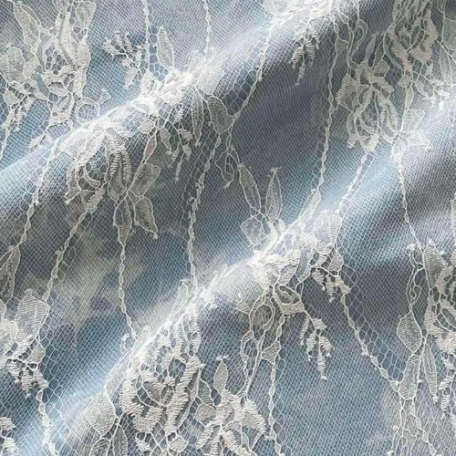 d4▽デニム刺しゅう生地▽花柄 フラワー レース刺繡 厚手 ブルーグレー