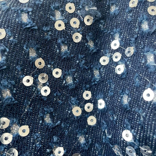 d5▽デニム刺繡生地▽ダメージ加工 ラメ スパンコール インディゴ