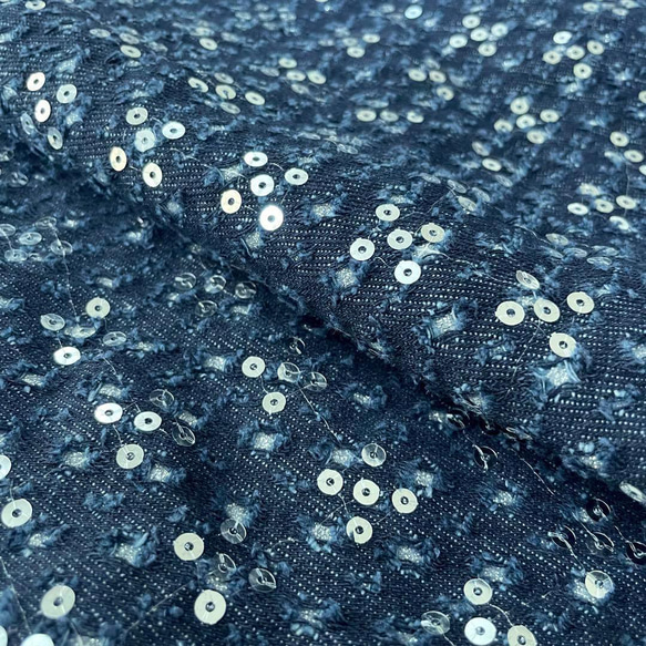 d5▽デニム刺繡生地▽ダメージ加工 ラメ スパンコール インディゴ