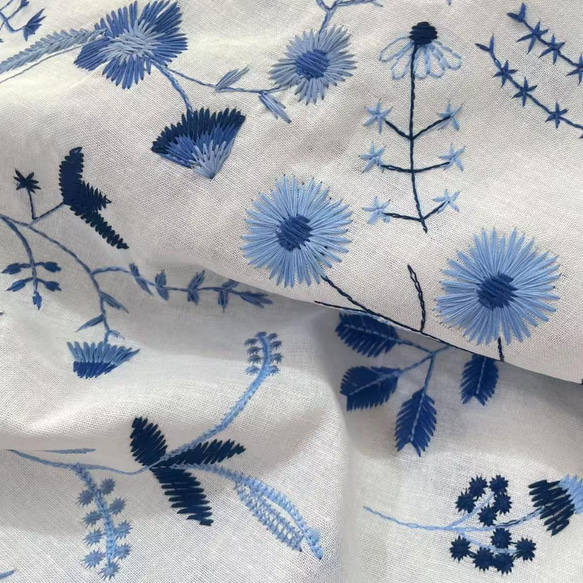 オーダー用綿生地ページ③ s11-h▽コットンリネン刺繡生地▽ブルー 花柄 ホワイト フラワー 植物