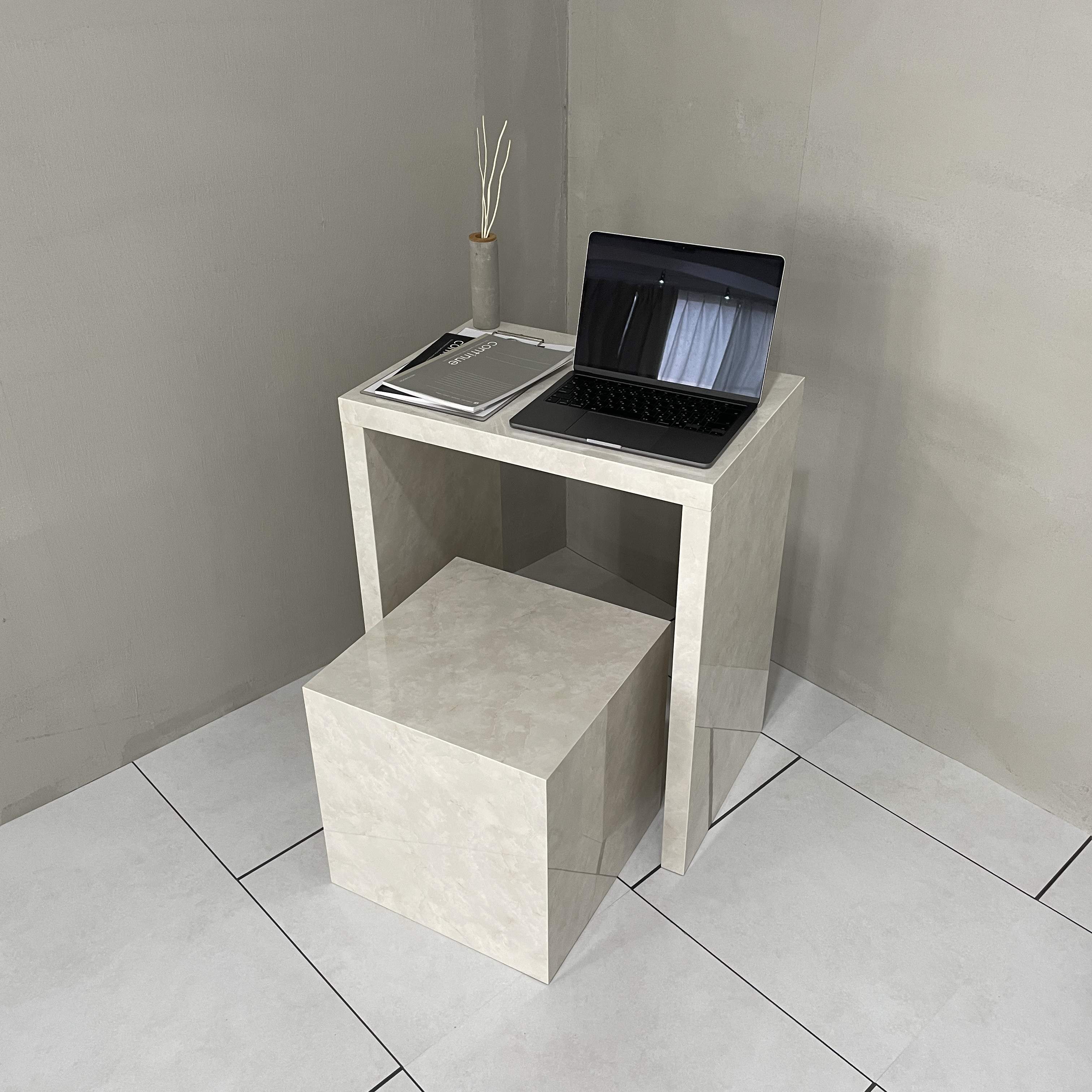 【韓国インテリア】傷・汚れに強い 大理石調 コの字テーブル小 幅60cm／ホワイト・PCデスク・机・スリム・ワークデスク