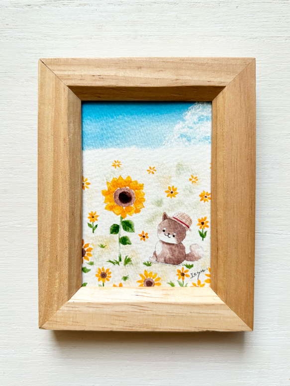 透明水彩画 ミニ額「豆柴ちゃんとひまわり」イラスト 犬 柴犬