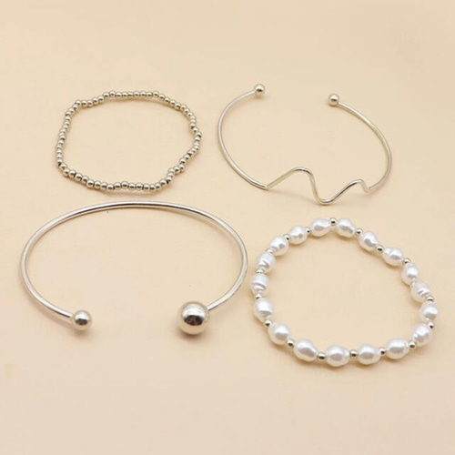 b03《バングル・ブレスレット4本set》シルバー パール 重ね付け