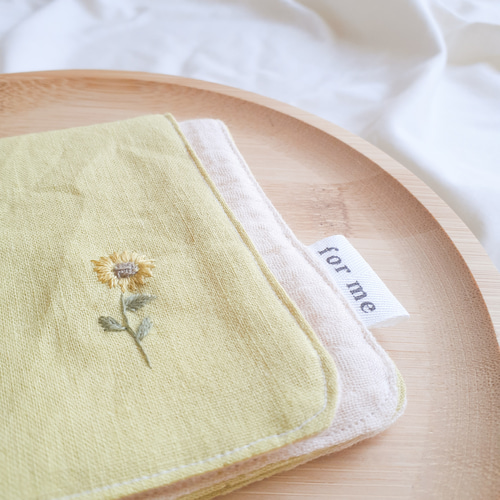 名入れ可〗ひまわり刺繍ハンカチ プレゼント コットンリネン＋ダブル